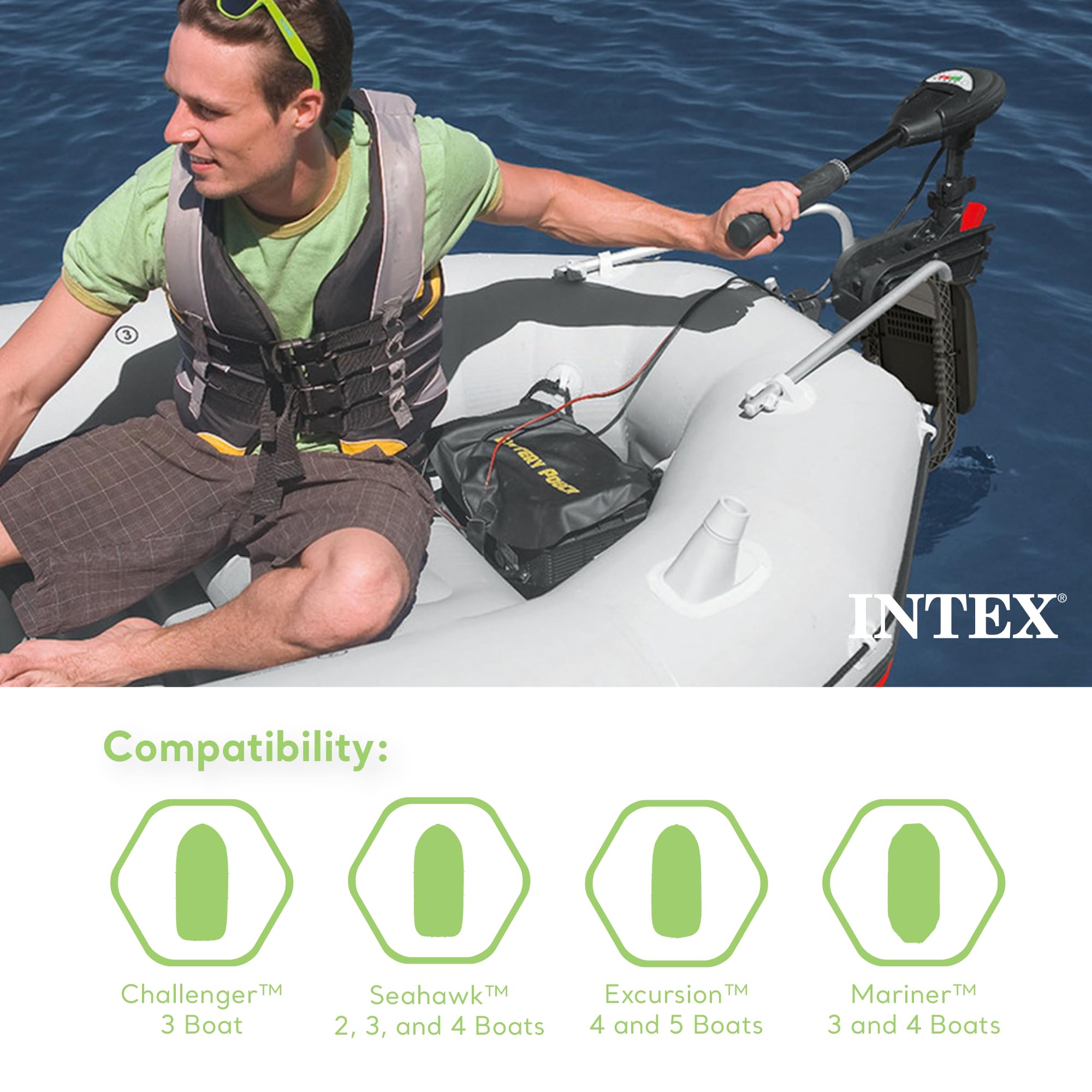 Intex Excursion 5 インフレータブル ボート、電動トローリング モーターとモーター マウント付き Intex Excursion 5 Person Inflatable Boat Set with 2 Aluminum Oars
